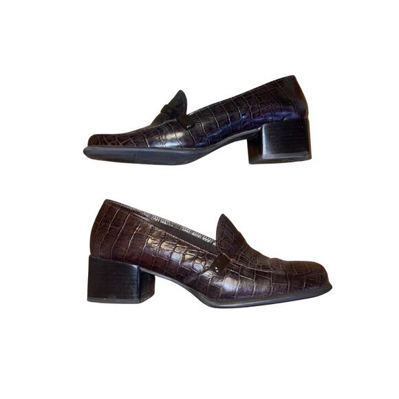 Bandolino Brown Croc Chunky Heel Leather Loafer Size 6 Slip on Preppy Academia - Picture 1 of 7